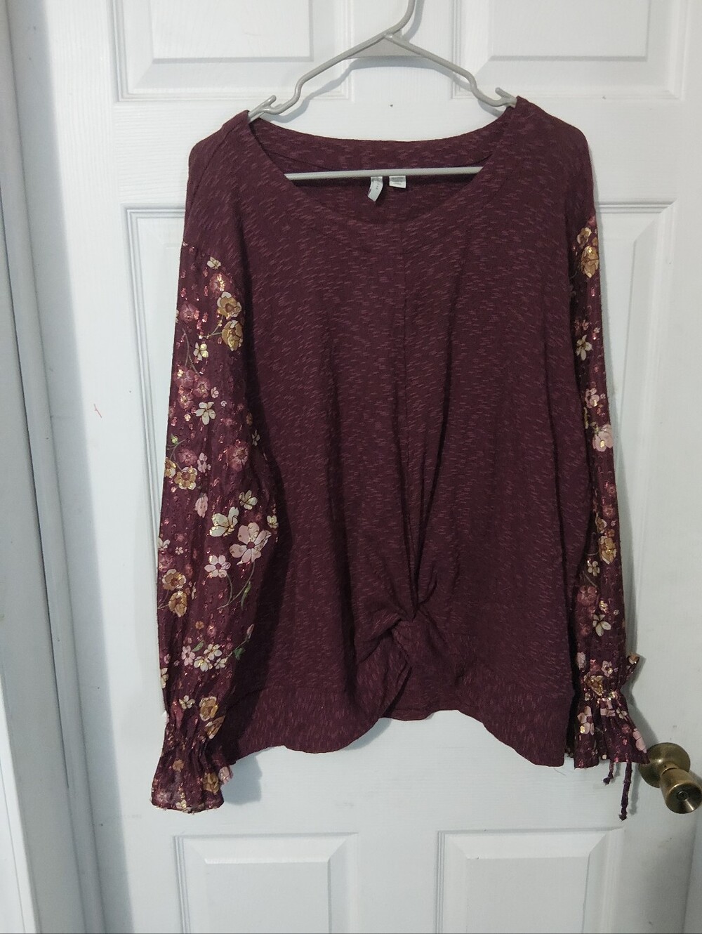 Knot-Front Maroon Floral-Sleeve Long Sleeve Blouse